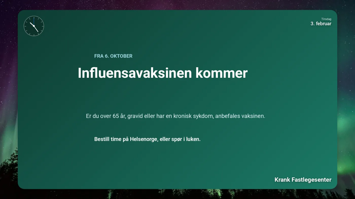 Venteromsskjerm med beskjed om vaksinering.